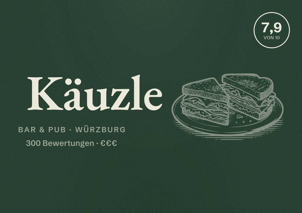 Illustriertes Poster von Käuzle, Bar & Pub in Würzburg: Bewertung 7,9 von 10 aus 300 Bewertungen, Preisniveau €€€