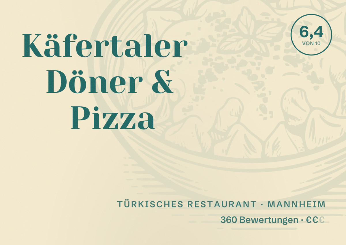Illustriertes Poster von Käfertaler Döner & Pizza, Türkisches Restaurant in Mannheim: Bewertung 6,4 von 10 aus 360 Bewertungen, Preisniveau €€