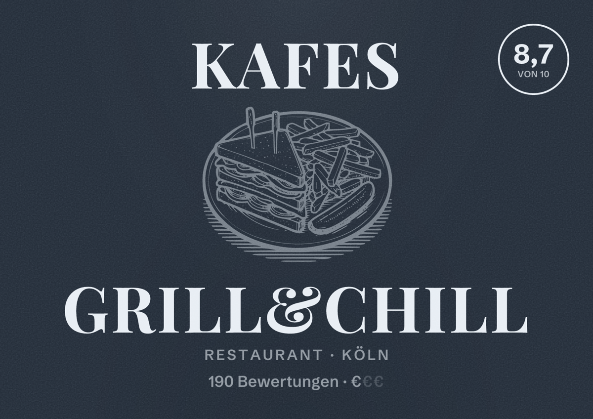 Illustriertes Poster von Kafes grill&chill, Restaurant in Köln: Bewertung 8,7 von 10 aus 190 Bewertungen, Preisniveau €