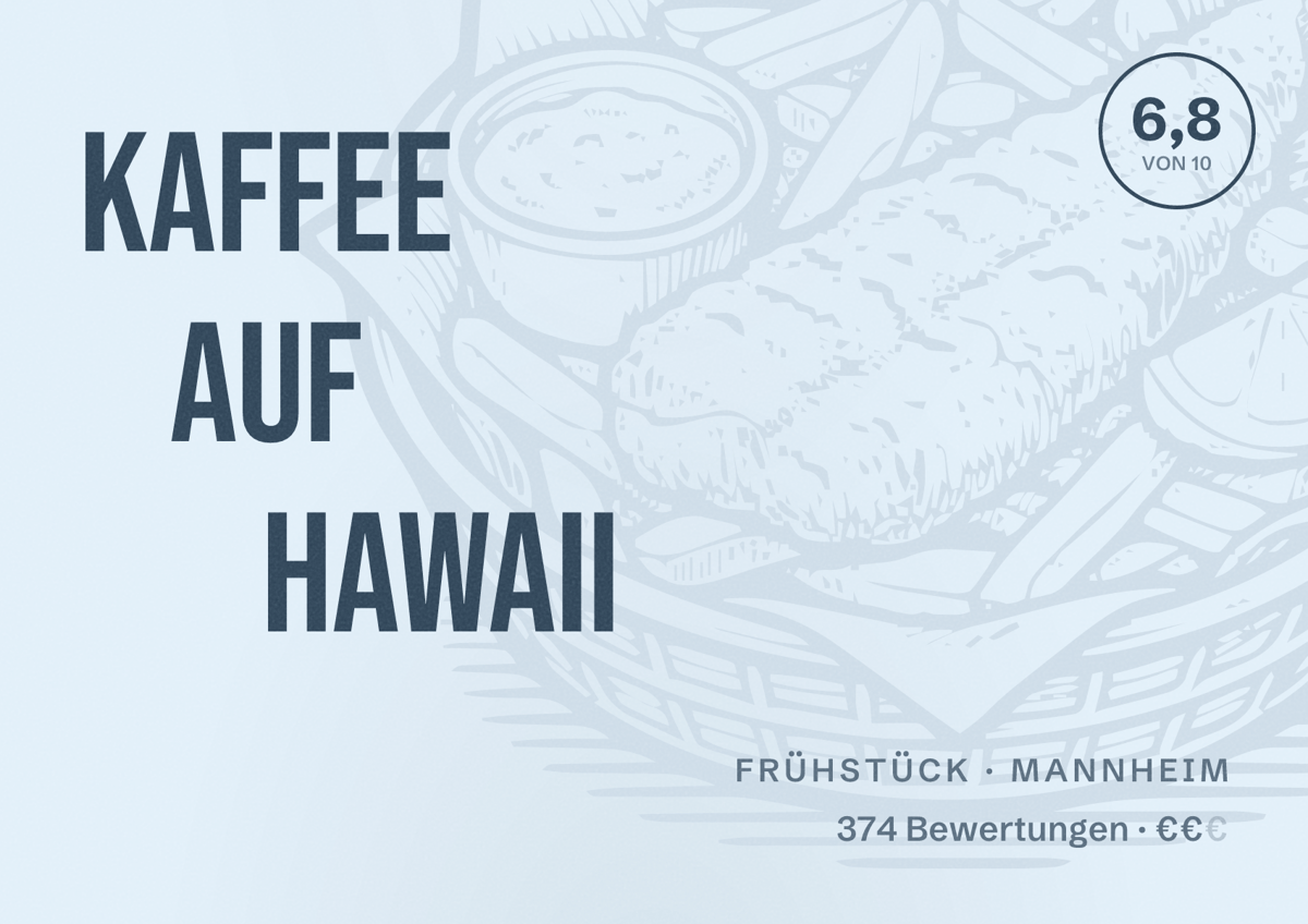 Illustriertes Poster von Kaffee auf Hawaii, Frühstück in Mannheim: Bewertung 6,8 von 10 aus 374 Bewertungen, Preisniveau €€