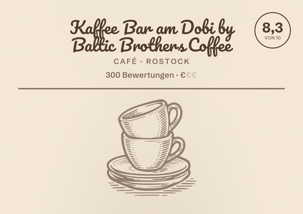 Illustriertes Poster von Kaffee Bar am Dobi by Baltic Brothers Coffee, Café in Rostock: Bewertung 8,3 von 10 aus 300 Bewertungen, Preisniveau €