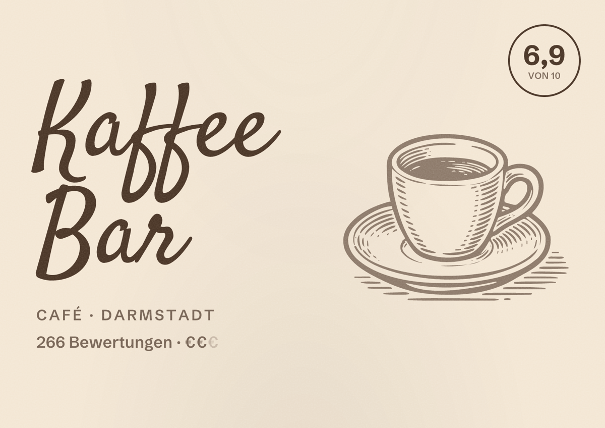 Illustriertes Poster von Kaffee Bar, Café in Darmstadt: Bewertung 6,9 von 10 aus 266 Bewertungen, Preisniveau €€