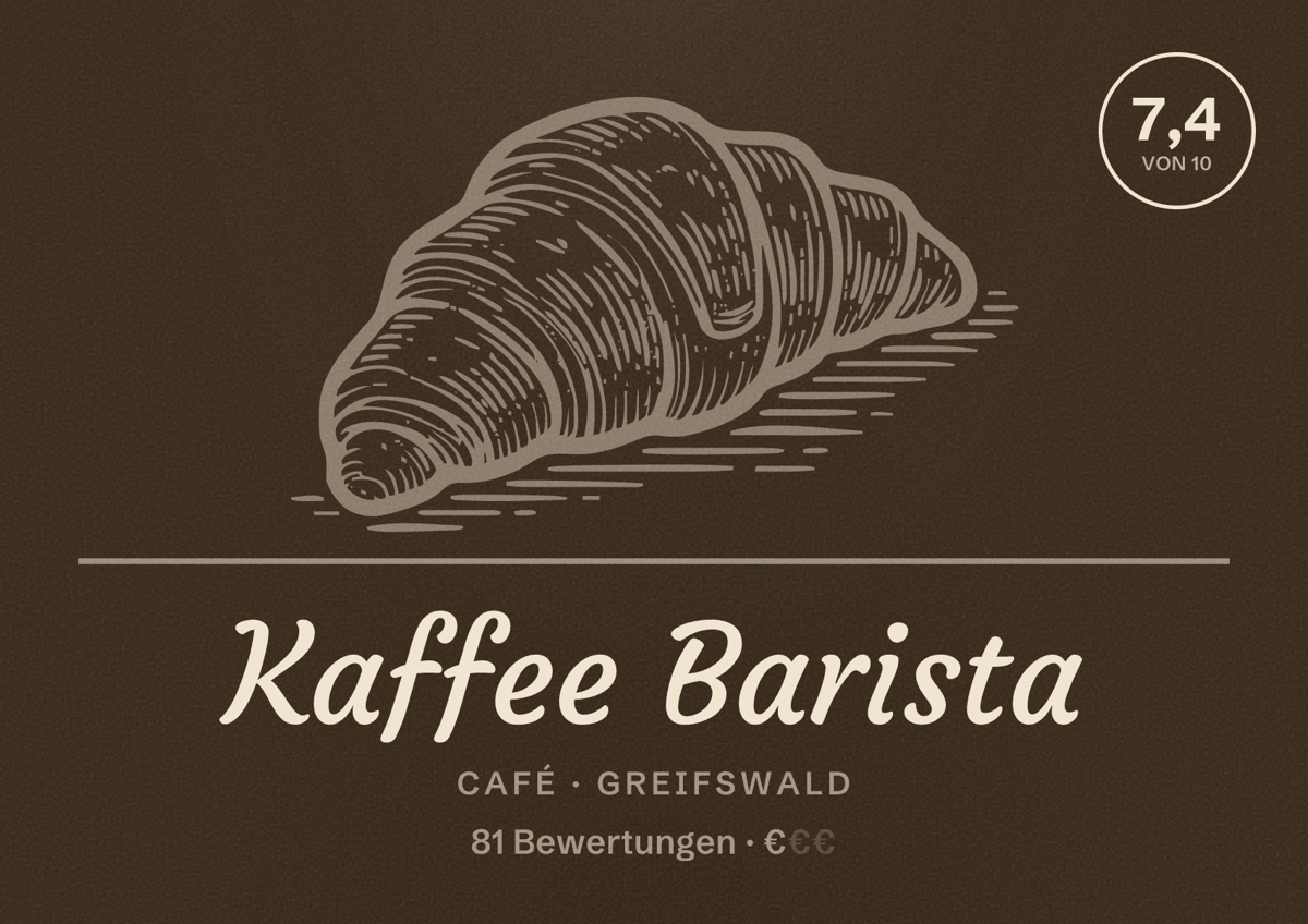 Illustriertes Poster von Kaffee Barista, Café in Greifswald: Bewertung 7,4 von 10 aus 81 Bewertungen, Preisniveau €