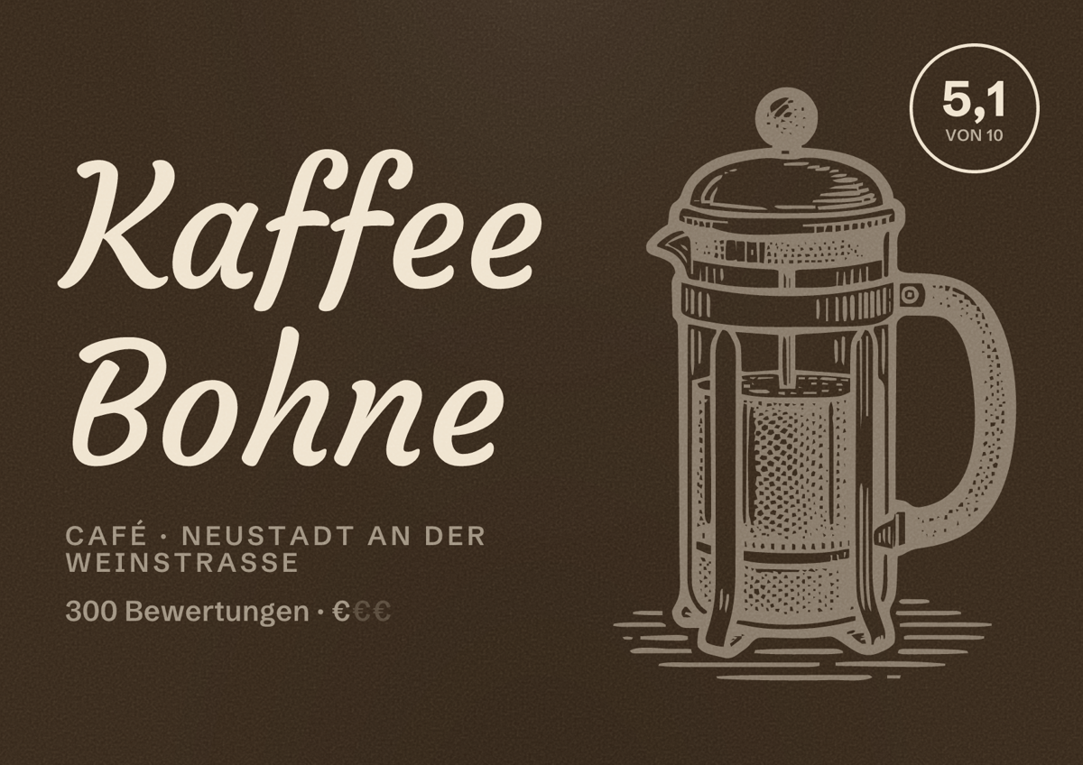 Illustriertes Poster von Kaffee Bohne, Café in Neustadt an der Weinstraße: Bewertung 5,1 von 10 aus 300 Bewertungen, Preisniveau €