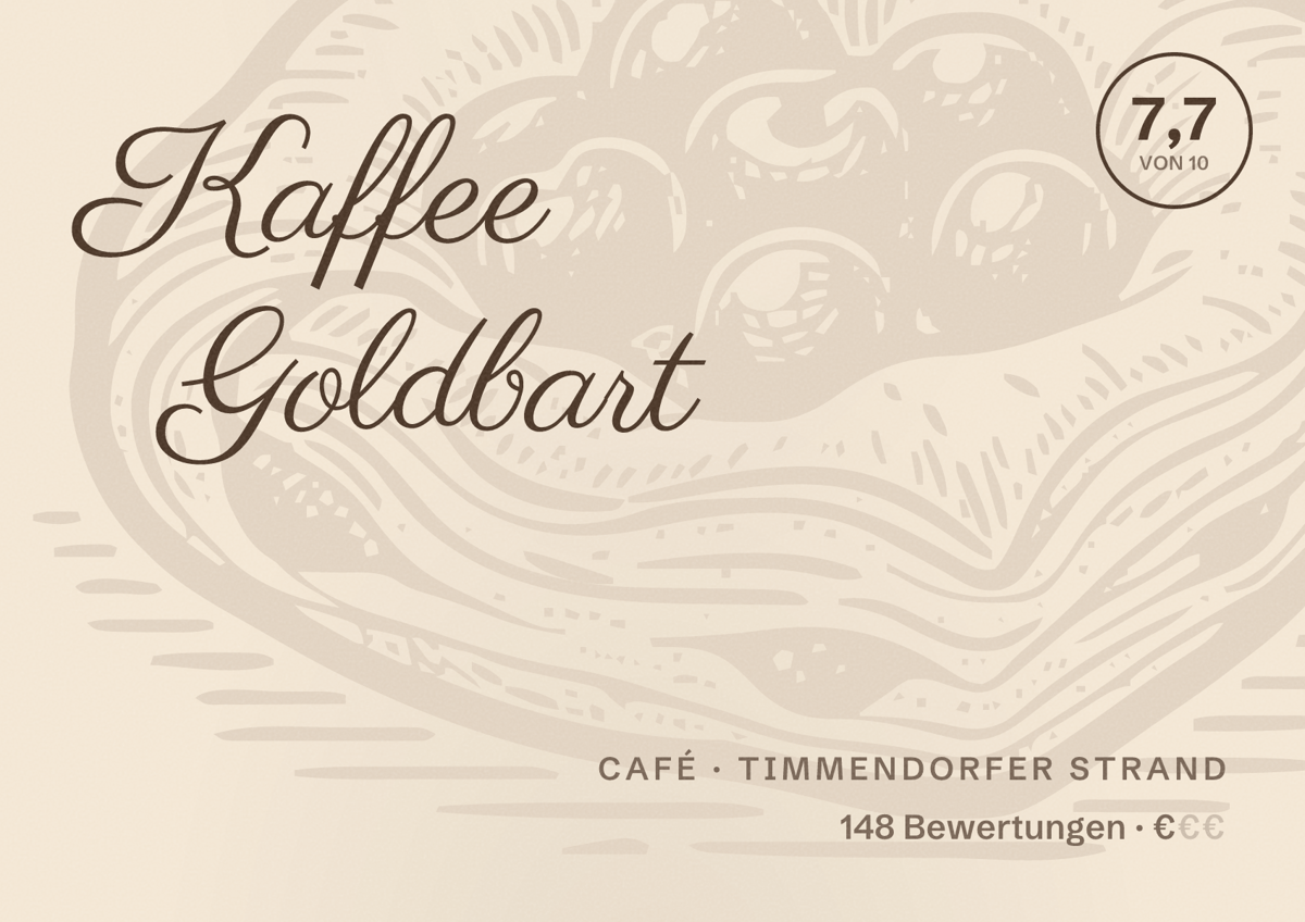 Illustriertes Poster von Kaffee Goldbart, Café in Timmendorfer Strand: Bewertung 7,7 von 10 aus 148 Bewertungen, Preisniveau €