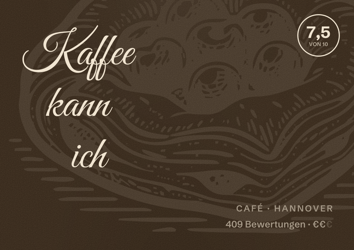Illustriertes Poster von Kaffee kann ich, Café in Hannover: Bewertung 7,5 von 10 aus 409 Bewertungen, Preisniveau €€