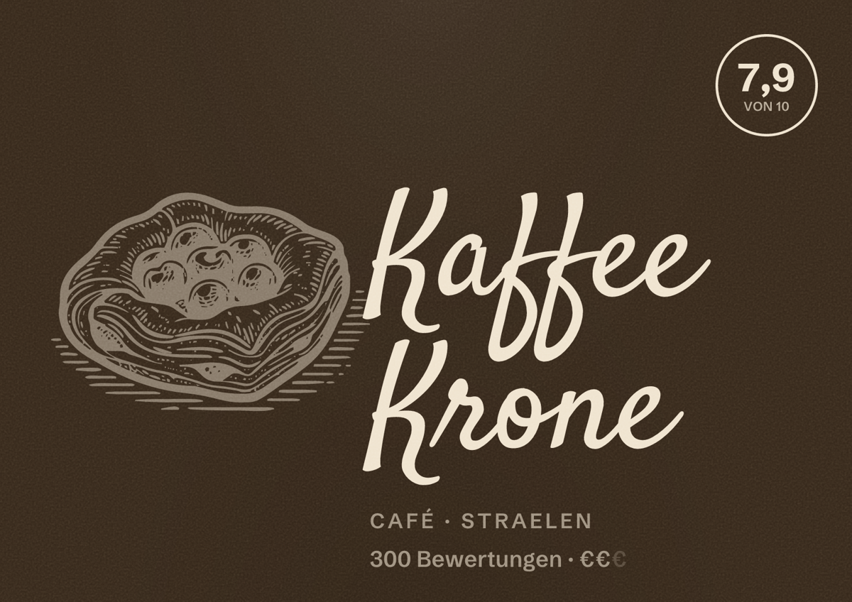 Illustriertes Poster von Kaffee Krone, Café in Straelen: Bewertung 7,9 von 10 aus 300 Bewertungen, Preisniveau €€