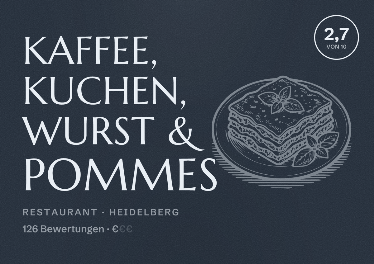 Illustriertes Poster von Kaffee, Kuchen, Wurst & Pommes, Restaurant in Heidelberg: Bewertung 2,7 von 10 aus 126 Bewertungen, Preisniveau €