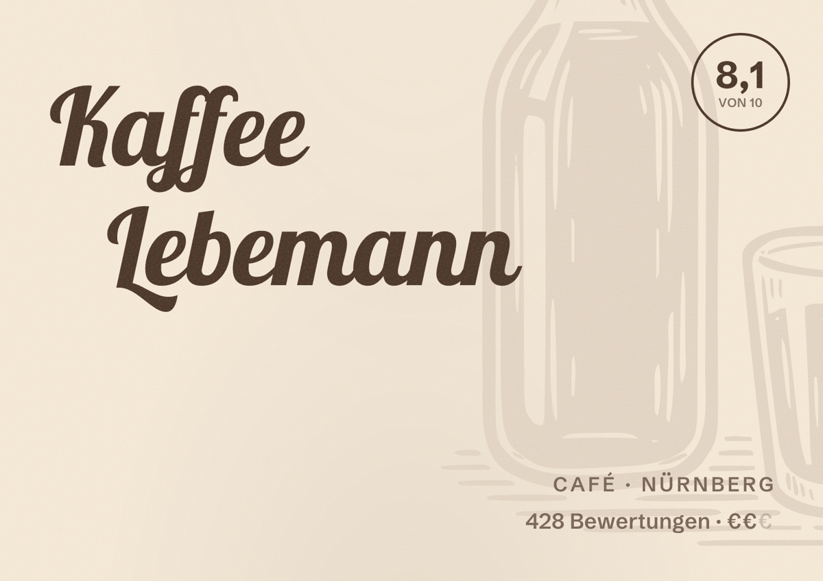 Illustriertes Poster von Kaffee Lebemann, Café in Nürnberg: Bewertung 8,1 von 10 aus 428 Bewertungen, Preisniveau €€