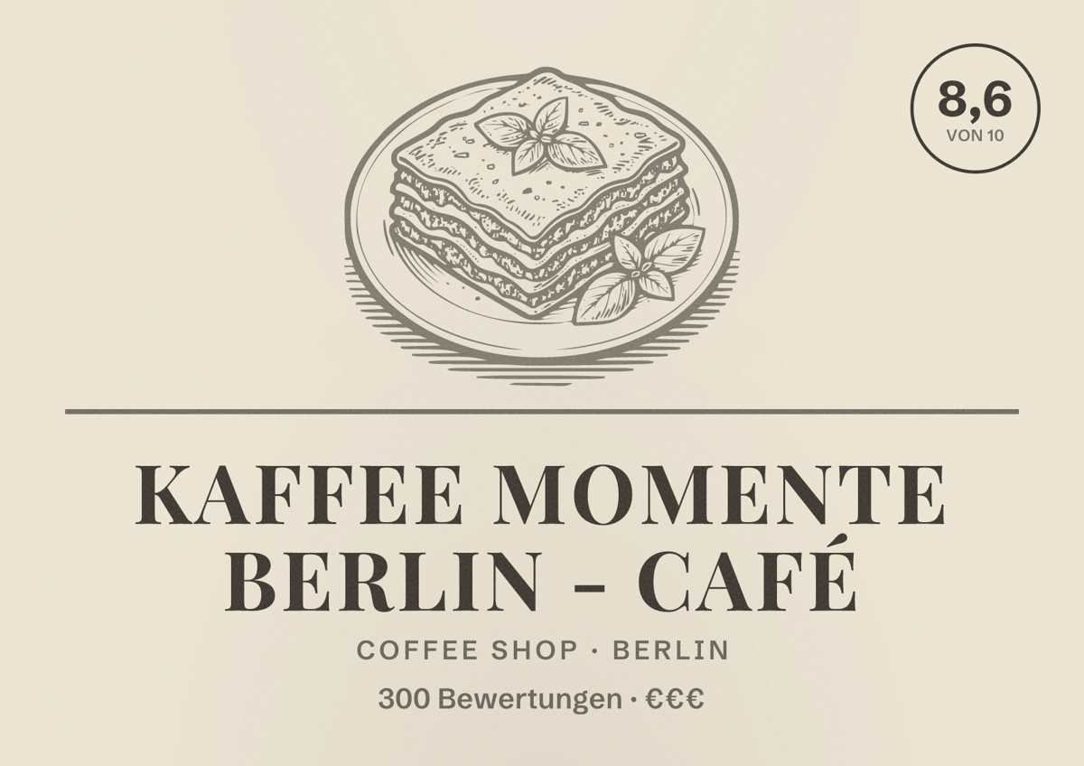 Illustriertes Poster von Kaffee Momente Berlin - Café, Coffee Shop in Berlin: Bewertung 8,6 von 10 aus 300 Bewertungen, Preisniveau €€€