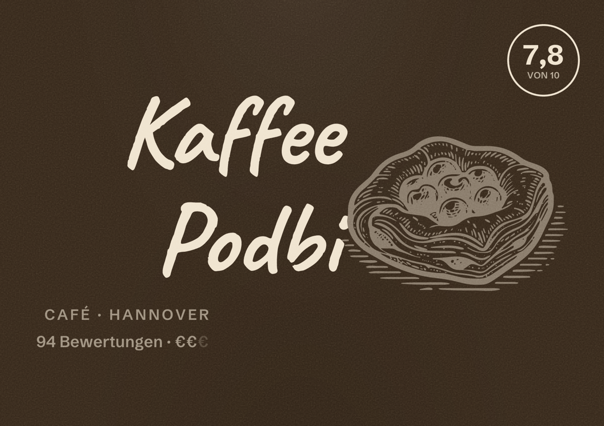 Illustriertes Poster von Kaffee Podbi, Café in Hannover: Bewertung 7,8 von 10 aus 94 Bewertungen, Preisniveau €€