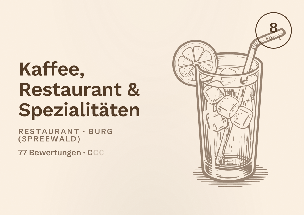 Illustriertes Poster von Kaffee, Restaurant & Spezialitäten, Restaurant in Burg (Spreewald): Bewertung 8 von 10 aus 77 Bewertungen, Preisniveau €