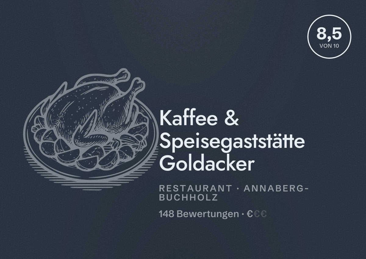 Illustriertes Poster von Kaffee & Speisegaststätte Goldacker, Restaurant in Annaberg-Buchholz: Bewertung 8,5 von 10 aus 148 Bewertungen, Preisniveau €