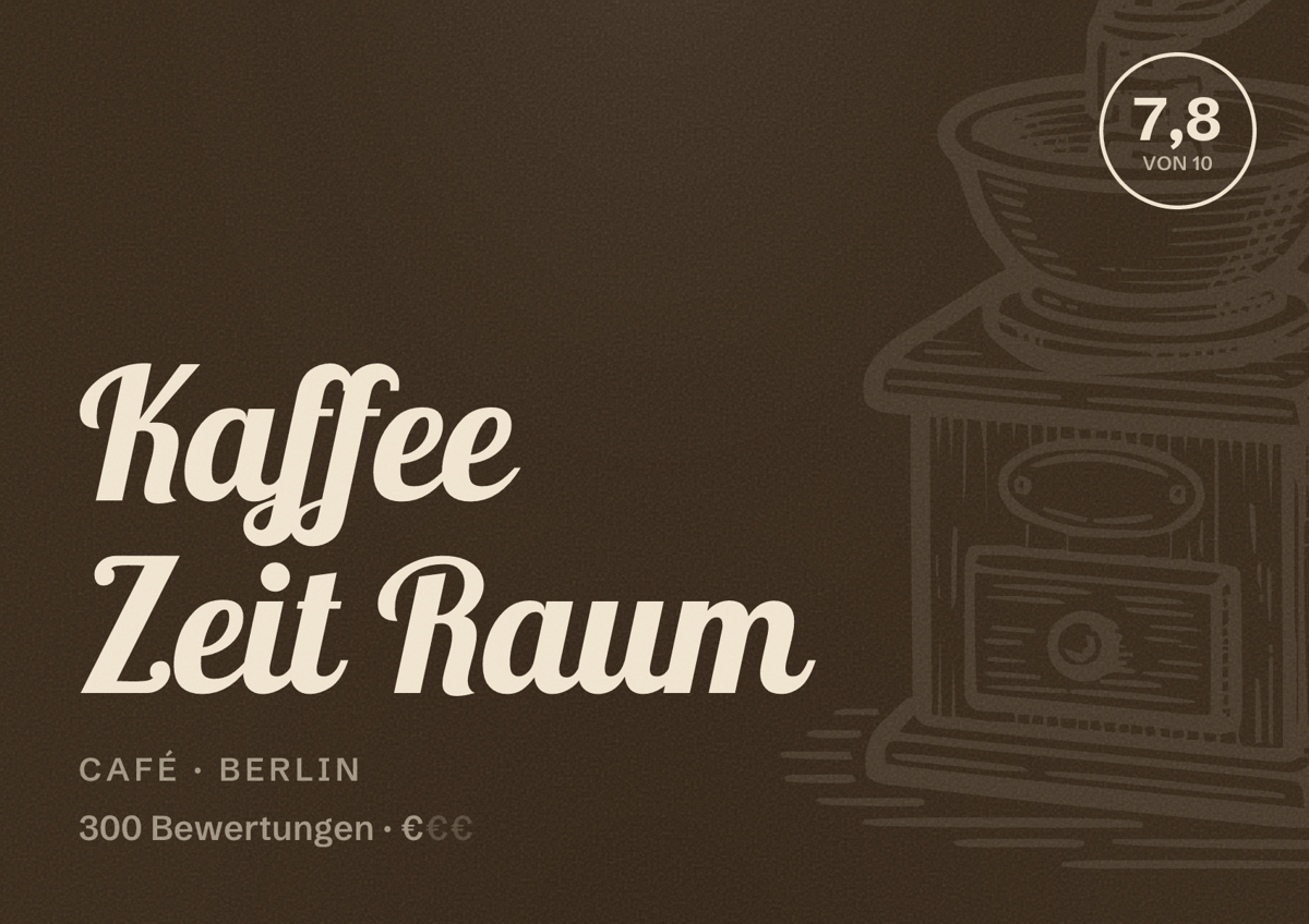 Illustriertes Poster von Kaffee Zeit Raum, Café in Berlin: Bewertung 7,8 von 10 aus 300 Bewertungen, Preisniveau €