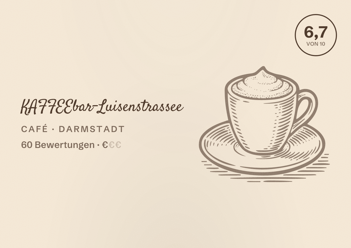 Illustriertes Poster von KAFFEEbar-Luisenstrassee, Café in Darmstadt: Bewertung 6,7 von 10 aus 60 Bewertungen, Preisniveau €