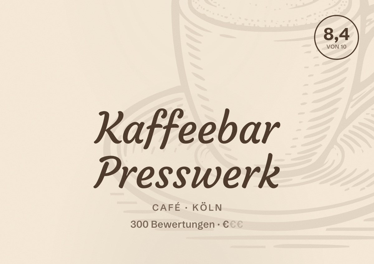Illustriertes Poster von Kaffeebar Presswerk, Café in Köln: Bewertung 8,4 von 10 aus 300 Bewertungen, Preisniveau €