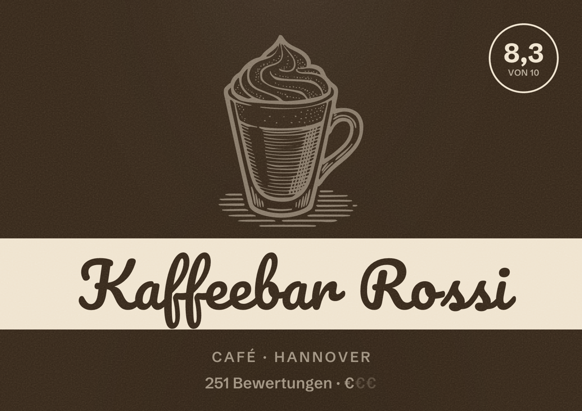 Illustriertes Poster von Kaffeebar Rossi, Café in Hannover: Bewertung 8,3 von 10 aus 251 Bewertungen, Preisniveau €