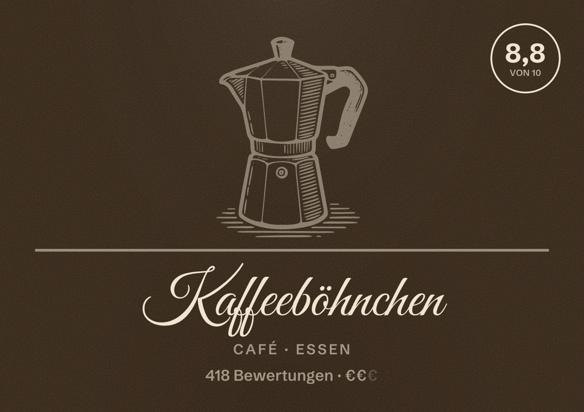 Illustriertes Poster von Kaffeeböhnchen, Café in Essen: Bewertung 8,8 von 10 aus 418 Bewertungen, Preisniveau €€