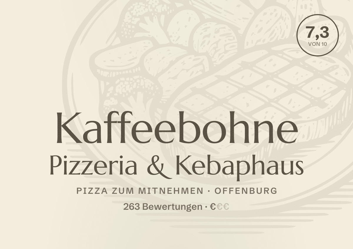 Illustriertes Poster von Kaffeebohne Pizzeria & Kebaphaus, Pizza zum Mitnehmen in Offenburg: Bewertung 7,3 von 10 aus 263 Bewertungen, Preisniveau €