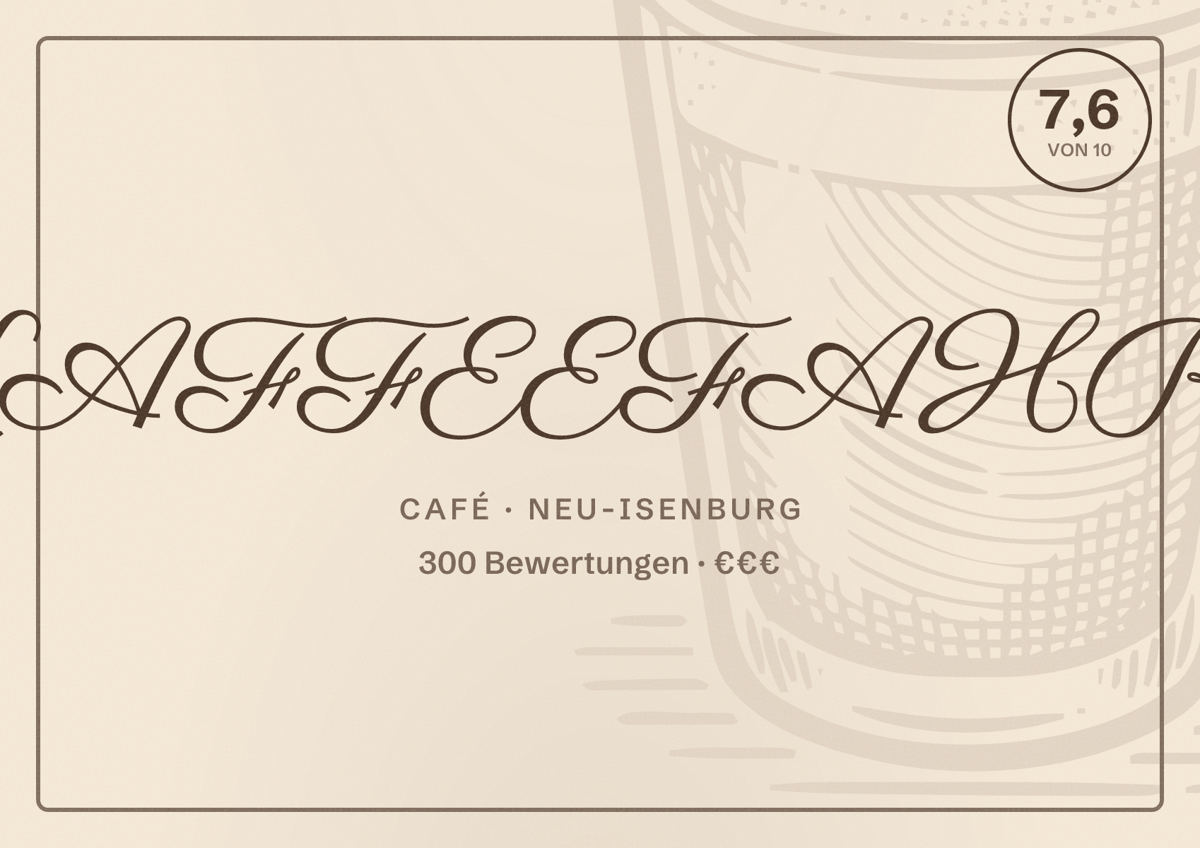 Illustriertes Poster von KAFFEEFAHRT, Café in Neu-Isenburg: Bewertung 7,6 von 10 aus 300 Bewertungen, Preisniveau €€€
