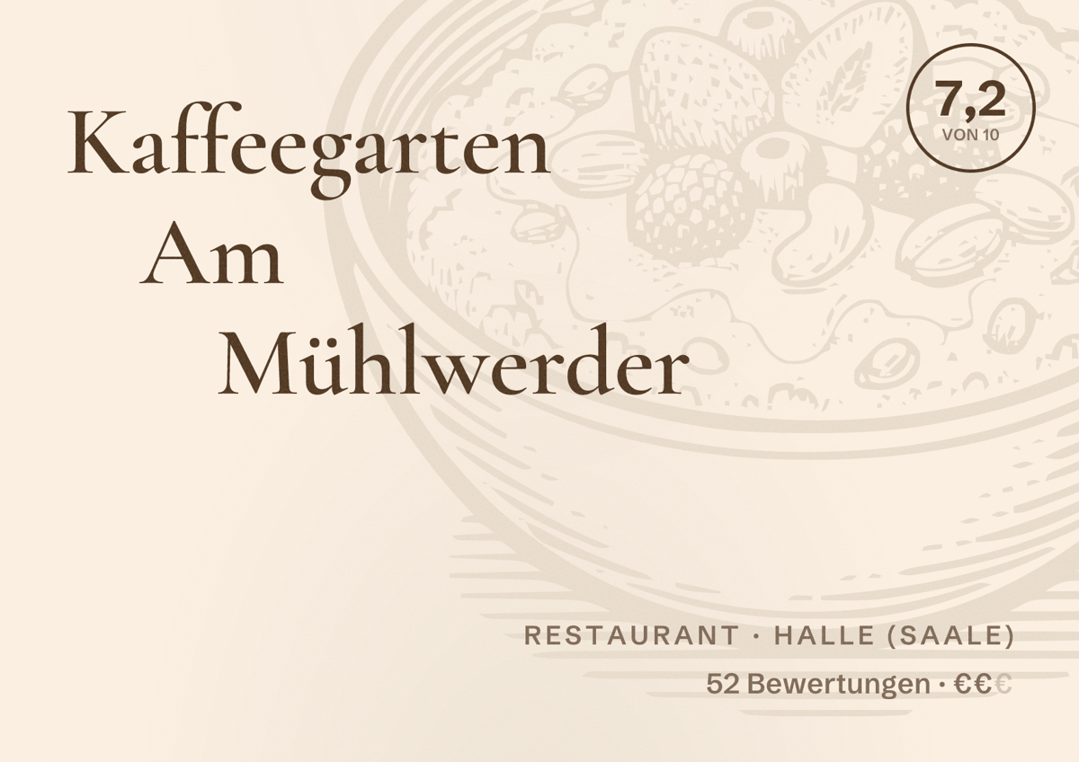 Illustriertes Poster von Kaffeegarten Am Mühlwerder, Restaurant in Halle (Saale): Bewertung 7,2 von 10 aus 52 Bewertungen, Preisniveau €€
