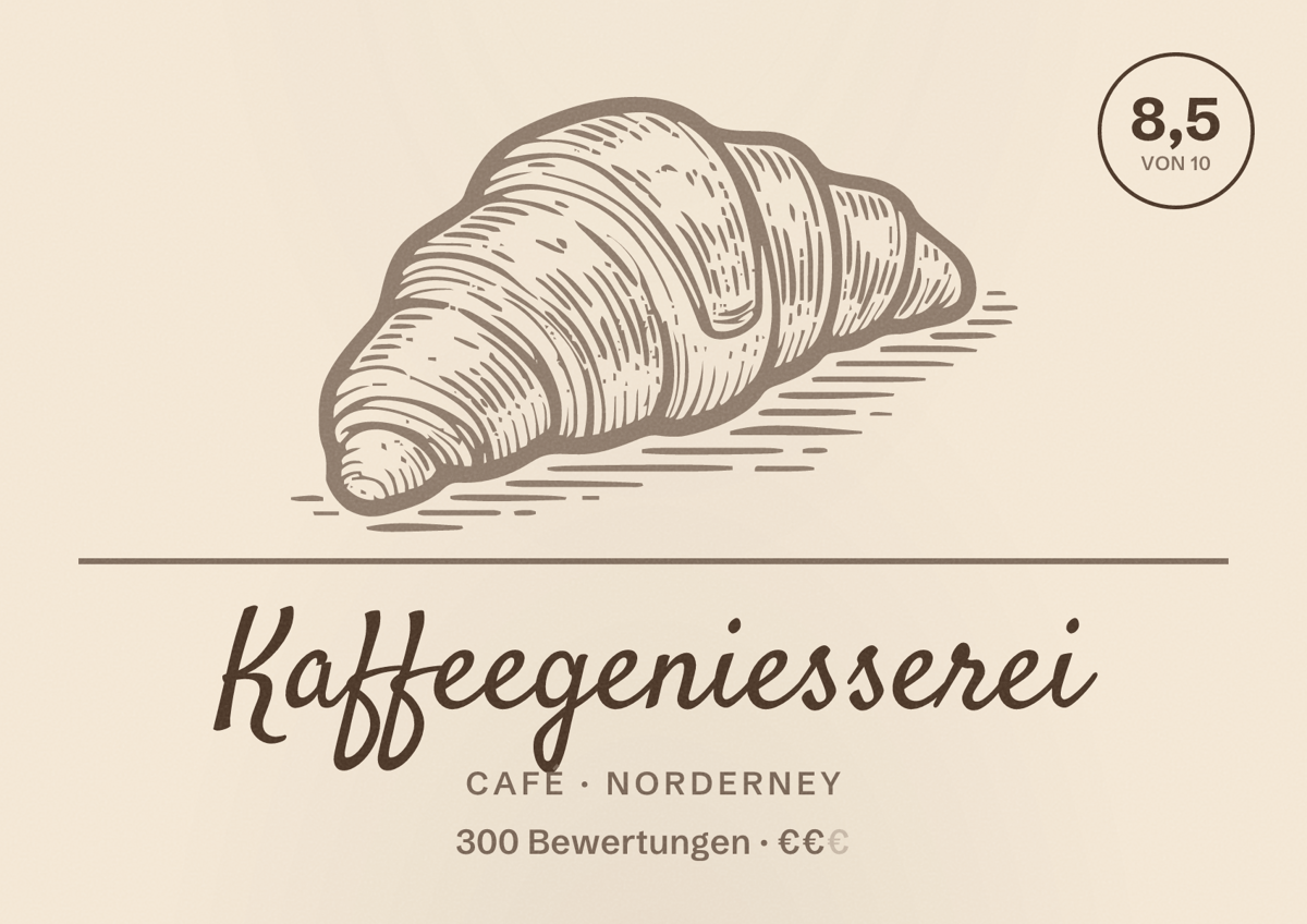 Illustriertes Poster von Kaffeegeniesserei, Café in Norderney: Bewertung 8,5 von 10 aus 300 Bewertungen, Preisniveau €€