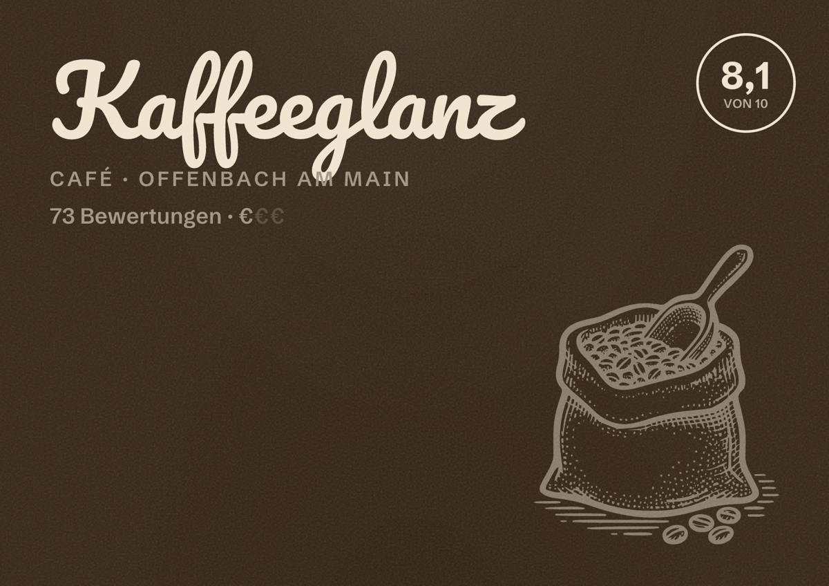 Illustriertes Poster von Kaffeeglanz, Café in Offenbach am Main: Bewertung 8,1 von 10 aus 73 Bewertungen, Preisniveau €