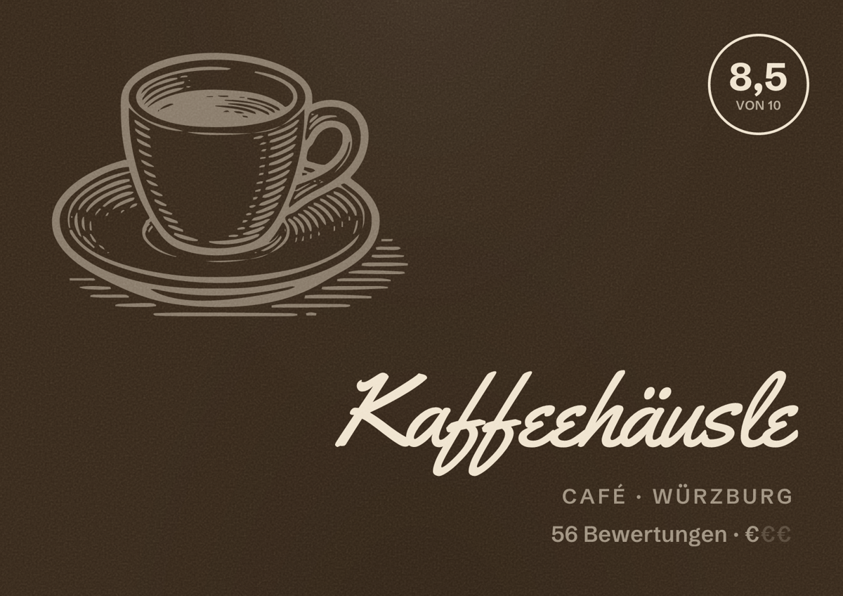 Illustriertes Poster von Kaffeehäusle, Café in Würzburg: Bewertung 8,5 von 10 aus 56 Bewertungen, Preisniveau €