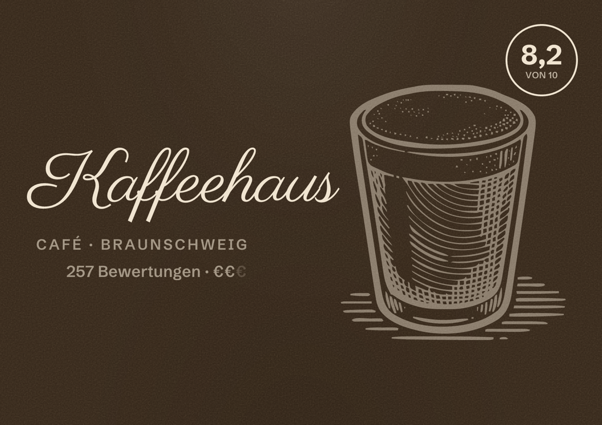 Illustriertes Poster von Kaffeehaus, Café in Braunschweig: Bewertung 8,2 von 10 aus 257 Bewertungen, Preisniveau €€