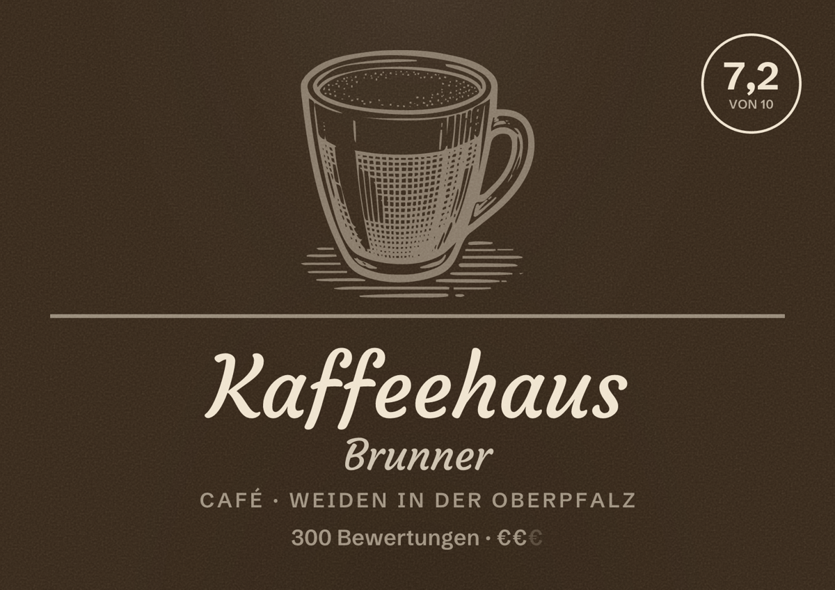 Illustriertes Poster von Kaffeehaus Brunner, Café in Weiden in der Oberpfalz: Bewertung 7,2 von 10 aus 300 Bewertungen, Preisniveau €€