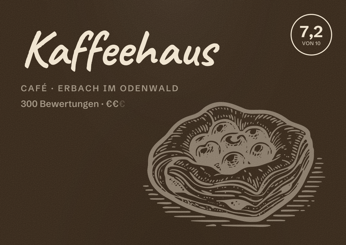 Illustriertes Poster von Kaffeehaus, Café in Erbach im Odenwald: Bewertung 7,2 von 10 aus 300 Bewertungen, Preisniveau €€