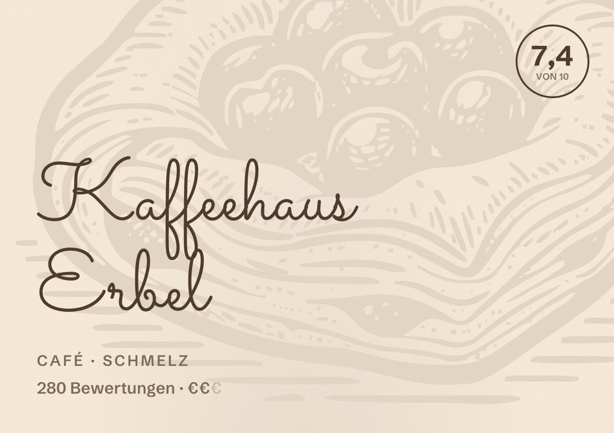 Illustriertes Poster von Kaffeehaus Erbel, Café in Schmelz: Bewertung 7,4 von 10 aus 280 Bewertungen, Preisniveau €€