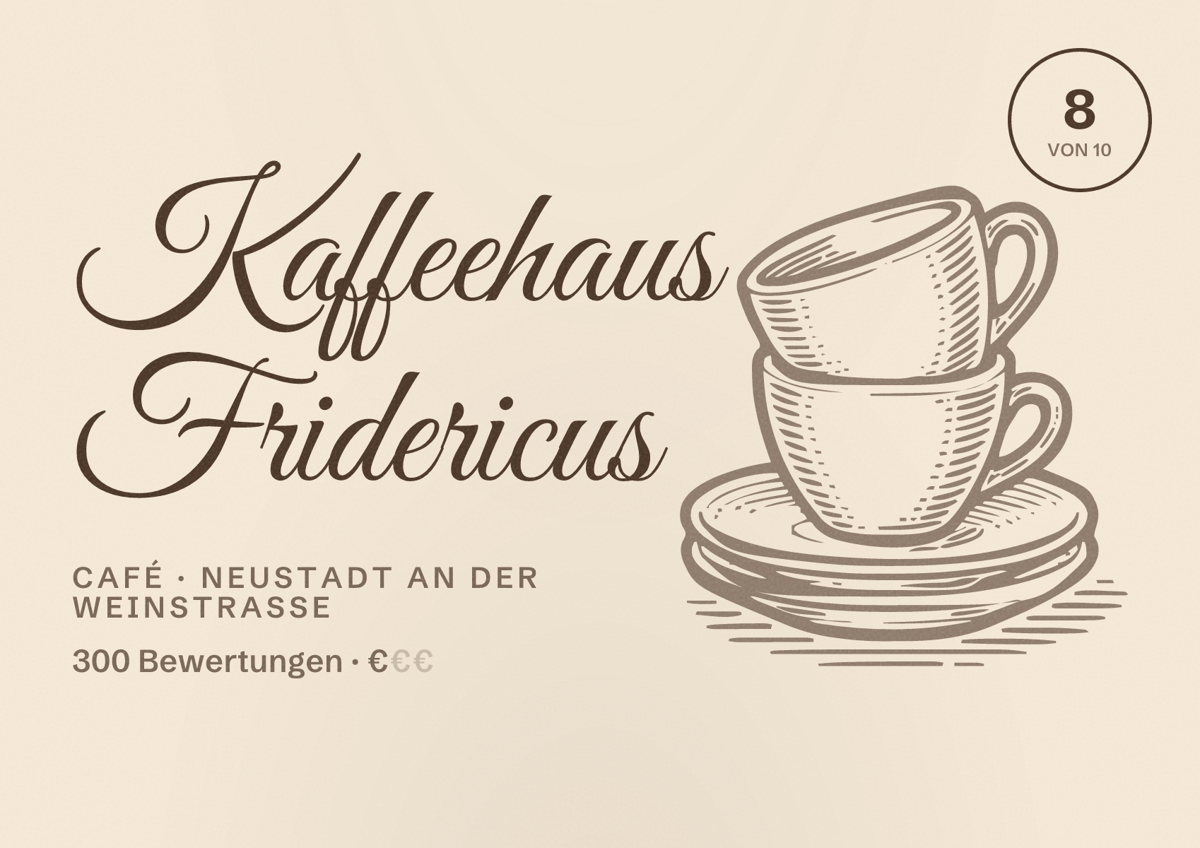 Illustriertes Poster von Kaffeehaus Fridericus, Café in Neustadt an der Weinstraße: Bewertung 8 von 10 aus 300 Bewertungen, Preisniveau €