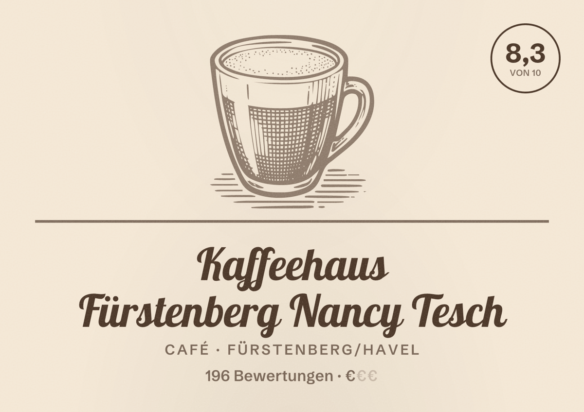 Illustriertes Poster von Kaffeehaus Fürstenberg Nancy Tesch, Café in Fürstenberg/Havel: Bewertung 8,3 von 10 aus 196 Bewertungen, Preisniveau €