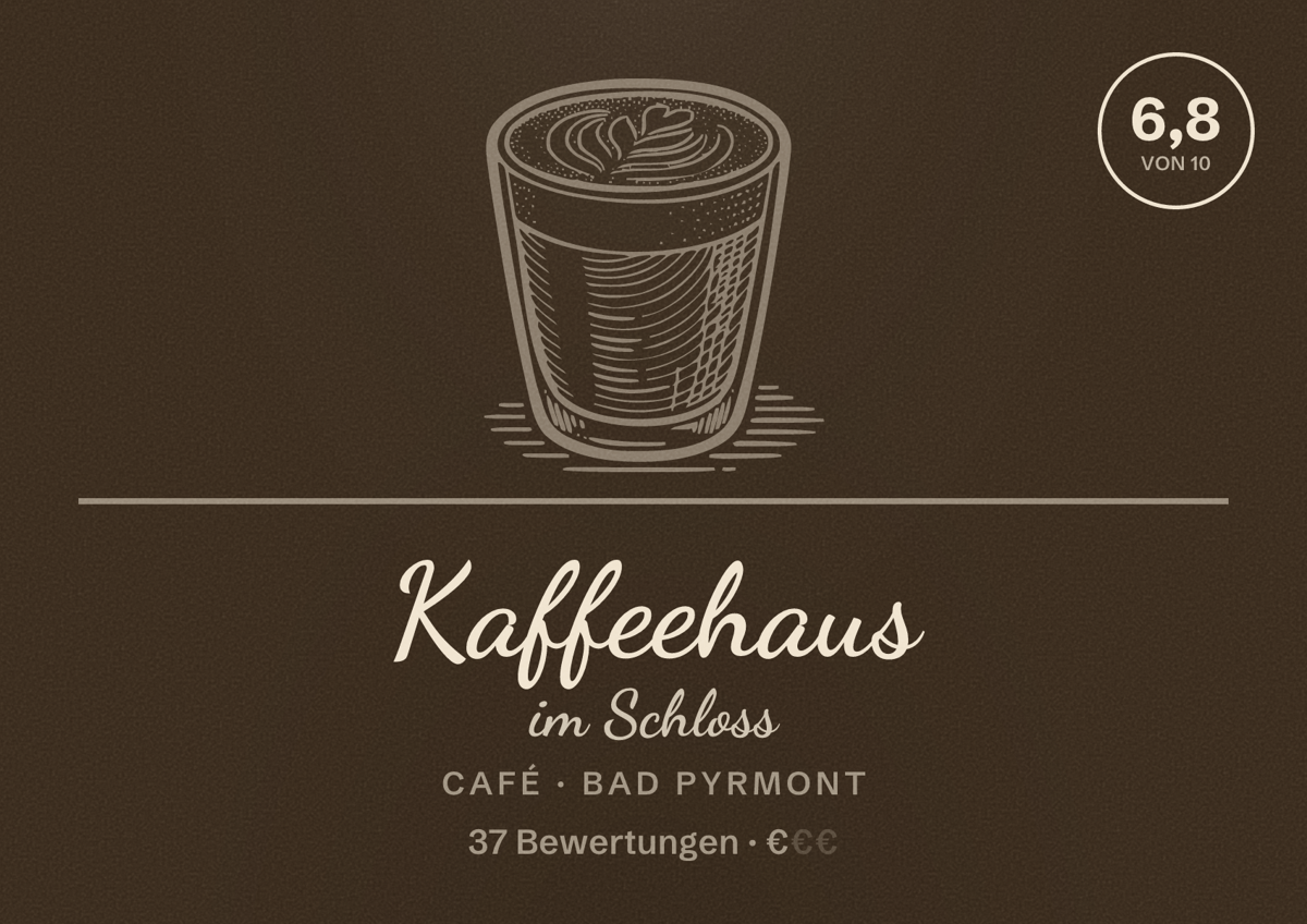 Illustriertes Poster von Kaffeehaus im Schloss, Café in Bad Pyrmont: Bewertung 6,8 von 10 aus 37 Bewertungen, Preisniveau €