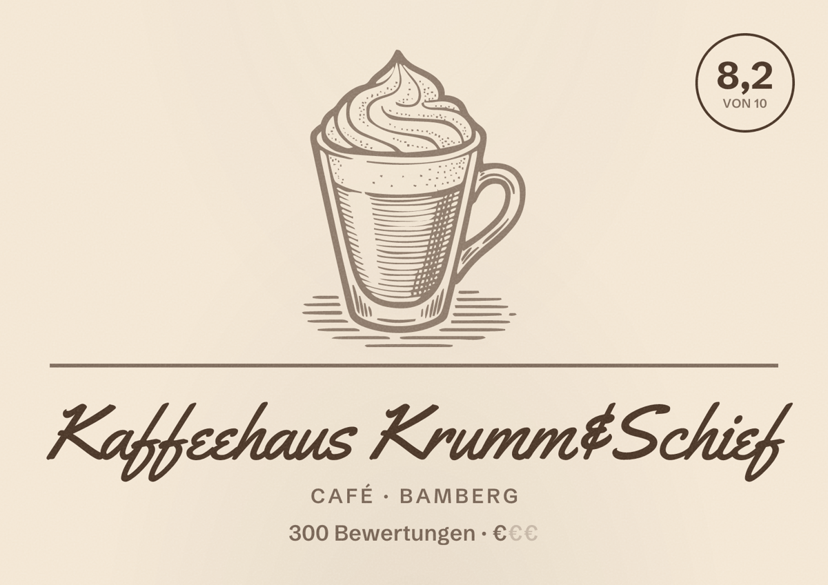 Illustriertes Poster von Kaffeehaus Krumm&Schief, Café in Bamberg: Bewertung 8,2 von 10 aus 300 Bewertungen, Preisniveau €