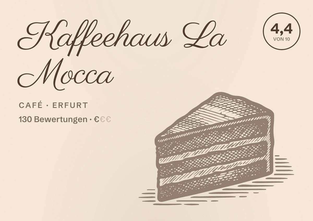 Illustriertes Poster von Kaffeehaus La Mocca, Café in Erfurt: Bewertung 4,4 von 10 aus 130 Bewertungen, Preisniveau €