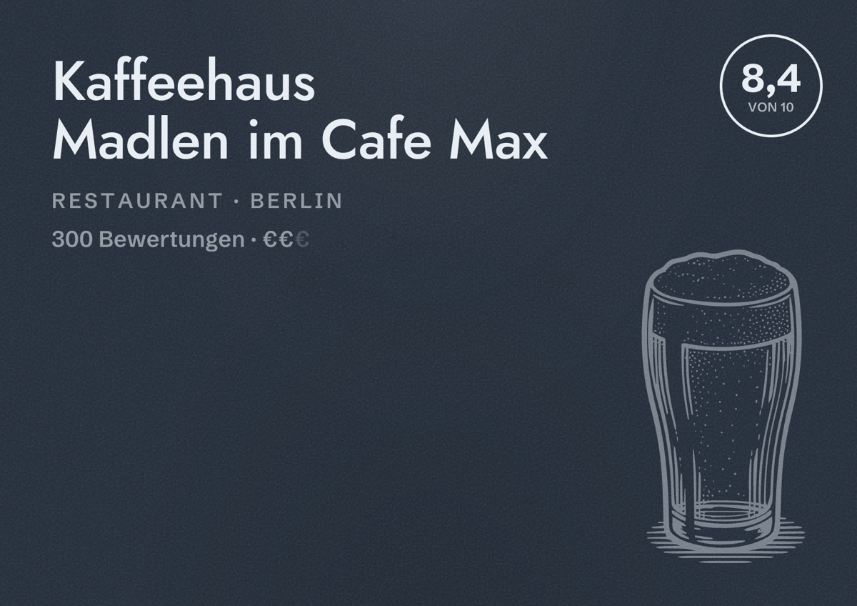 Illustriertes Poster von Kaffeehaus Madlen im Cafe Max, Restaurant in Berlin: Bewertung 8,4 von 10 aus 300 Bewertungen, Preisniveau €€