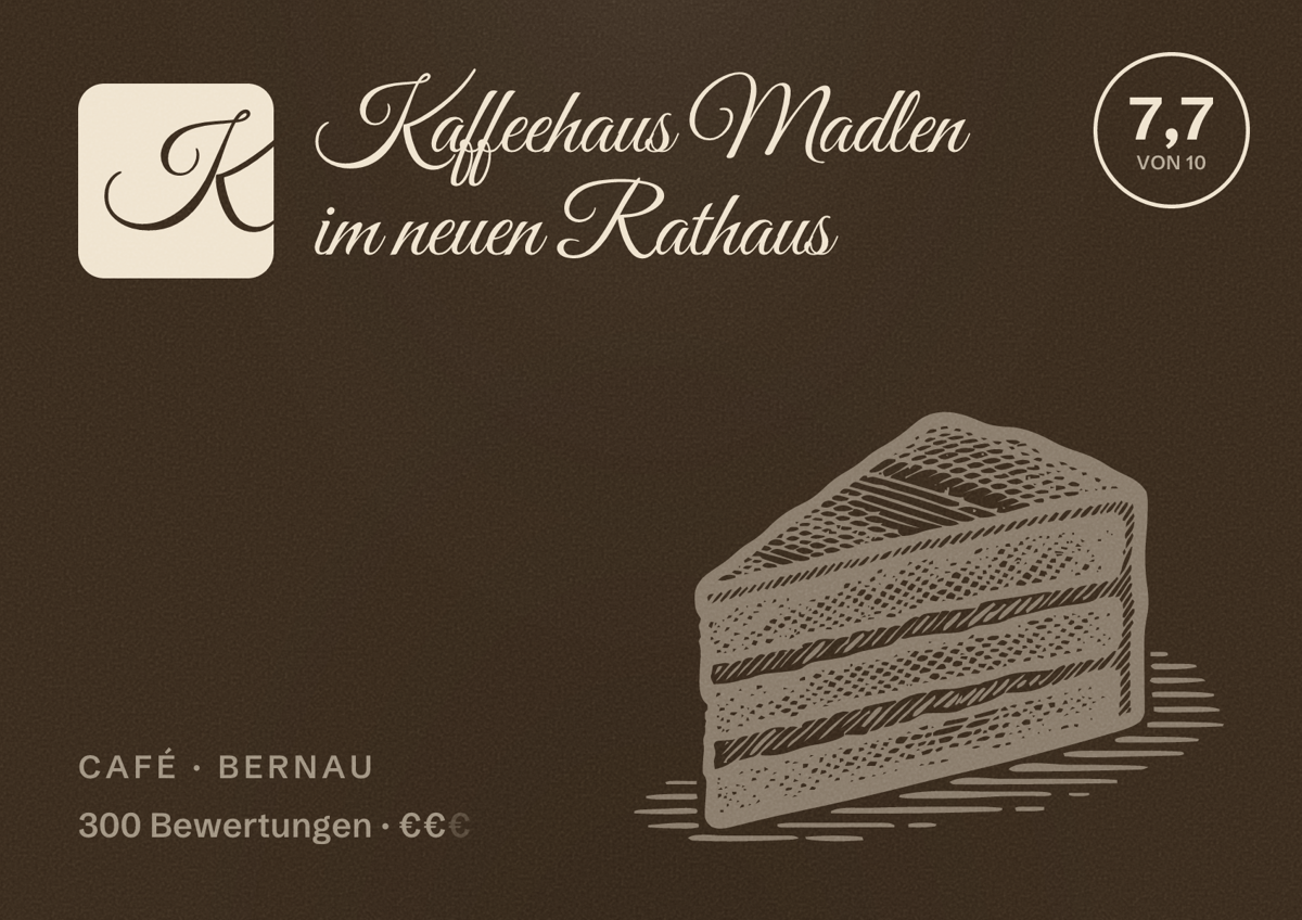 Illustriertes Poster von Kaffeehaus Madlen im neuen Rathaus, Café in Bernau: Bewertung 7,7 von 10 aus 300 Bewertungen, Preisniveau €€