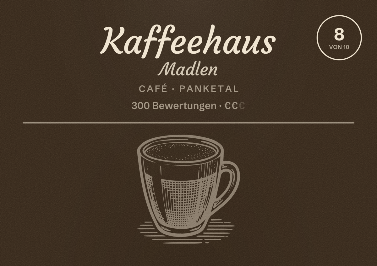 Illustriertes Poster von Kaffeehaus Madlen, Café in Panketal: Bewertung 8 von 10 aus 300 Bewertungen, Preisniveau €€