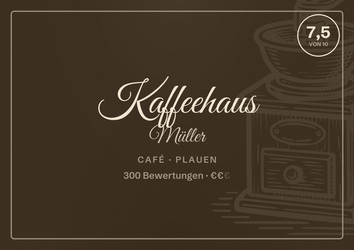 Illustriertes Poster von Kaffeehaus Müller, Café in Plauen: Bewertung 7,5 von 10 aus 300 Bewertungen, Preisniveau €€