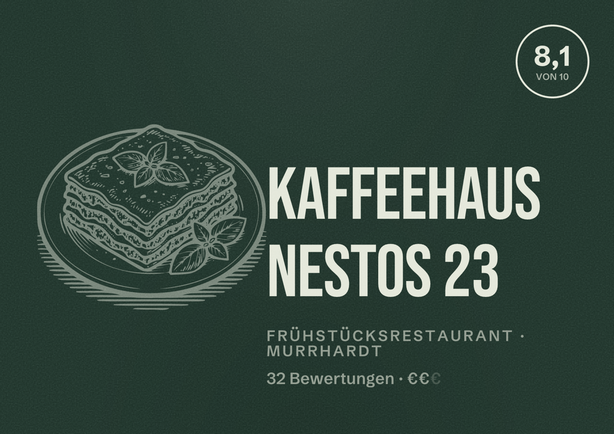 Illustriertes Poster von Kaffeehaus Nestos 23, Frühstücksrestaurant in Murrhardt: Bewertung 8,1 von 10 aus 32 Bewertungen, Preisniveau €€