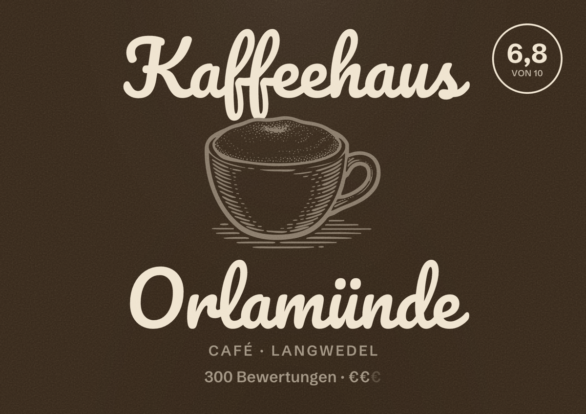 Illustriertes Poster von Kaffeehaus Orlamünde, Café in Langwedel: Bewertung 6,8 von 10 aus 300 Bewertungen, Preisniveau €€
