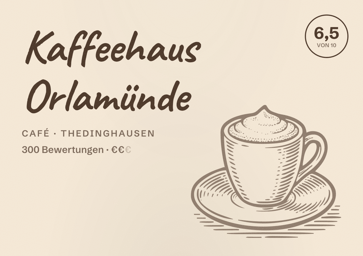 Illustriertes Poster von Kaffeehaus Orlamünde, Café in Thedinghausen: Bewertung 6,5 von 10 aus 300 Bewertungen, Preisniveau €€