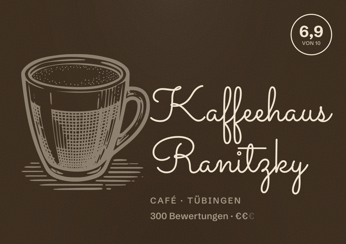 Illustriertes Poster von Kaffeehaus Ranitzky, Café in Tübingen: Bewertung 6,9 von 10 aus 300 Bewertungen, Preisniveau €€