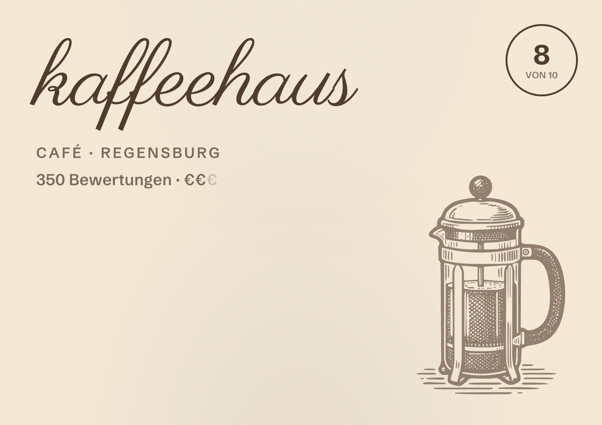 Illustriertes Poster von kaffeehaus, Café in Regensburg: Bewertung 8,0 von 10 aus 350 Bewertungen, Preisniveau €€