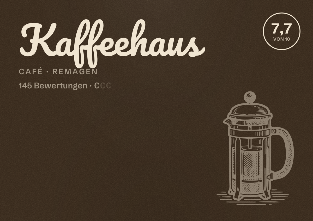Illustriertes Poster von Kaffeehaus, Café in Remagen: Bewertung 7,7 von 10 aus 145 Bewertungen, Preisniveau €