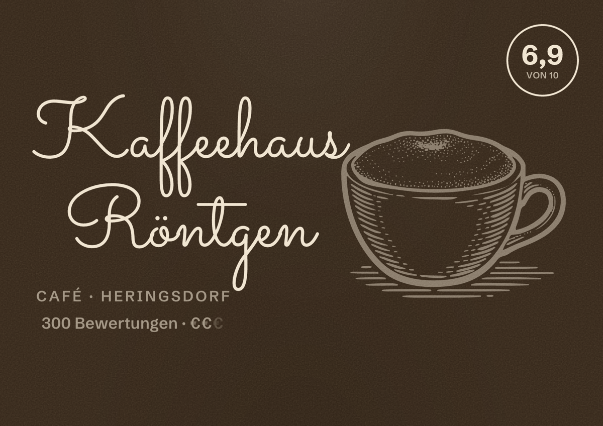 Illustriertes Poster von Kaffeehaus Röntgen, Café in Heringsdorf: Bewertung 6,9 von 10 aus 300 Bewertungen, Preisniveau €€