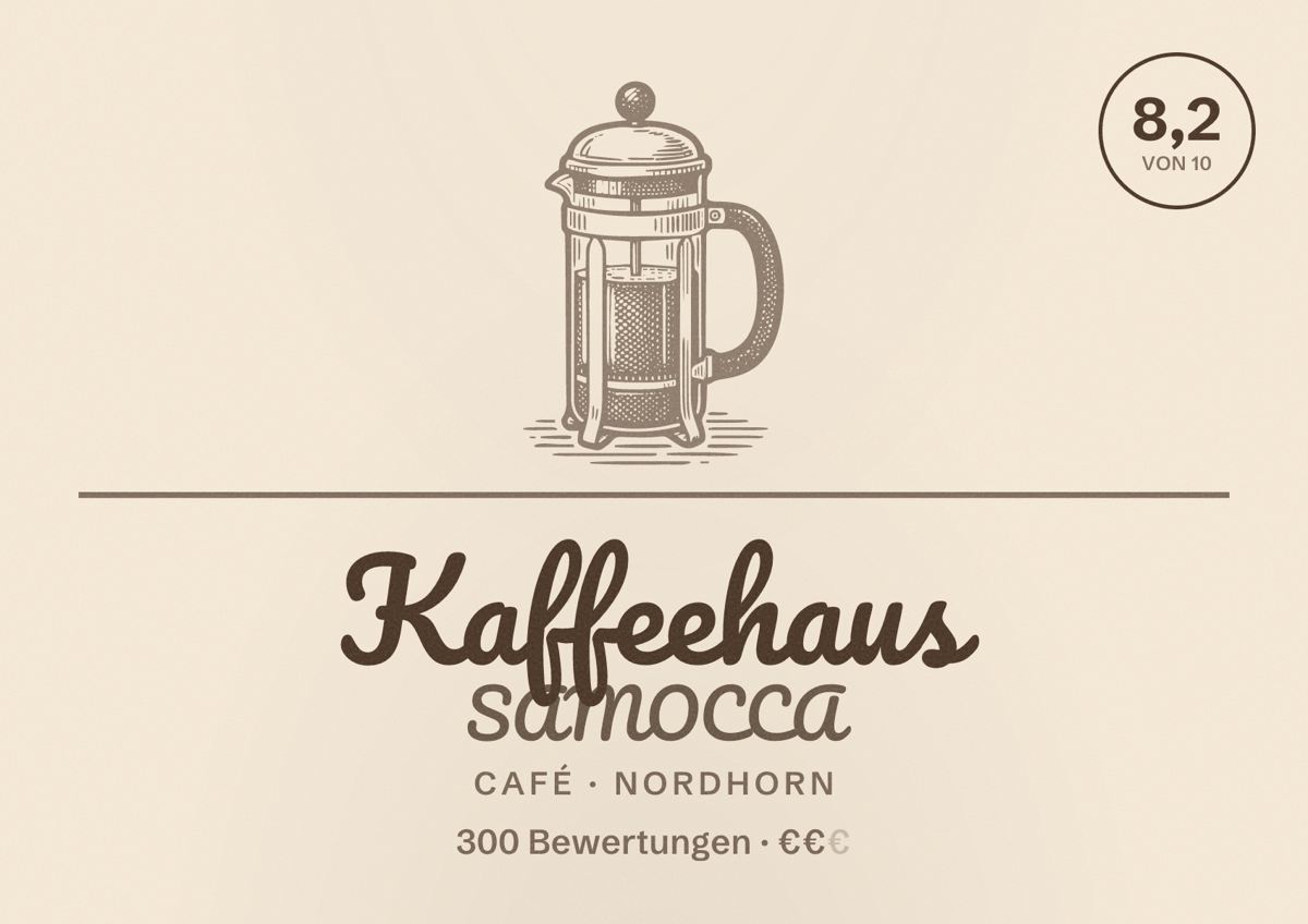 Illustriertes Poster von Kaffeehaus SAMOCCA, Café in Nordhorn: Bewertung 8,2 von 10 aus 300 Bewertungen, Preisniveau €€