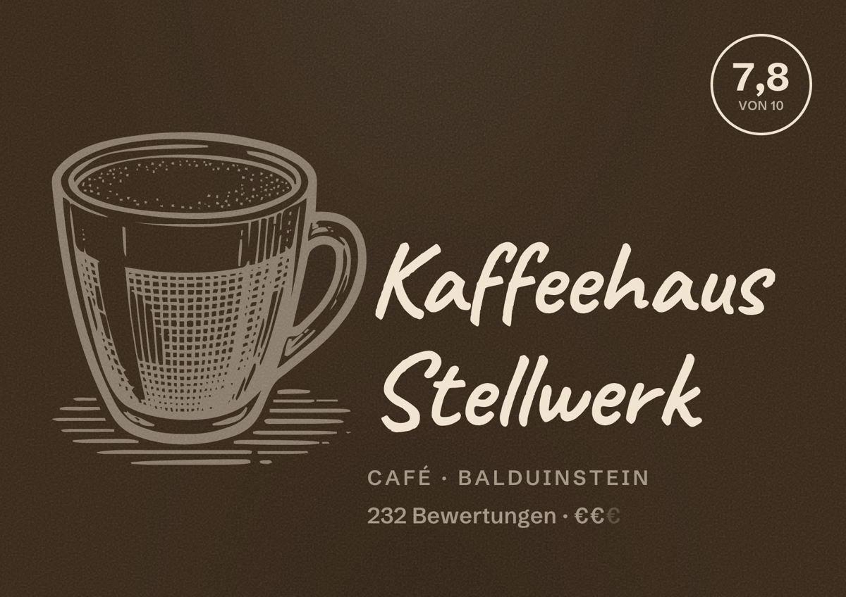 Illustriertes Poster von Kaffeehaus Stellwerk, Café in Balduinstein: Bewertung 7,8 von 10 aus 232 Bewertungen, Preisniveau €€